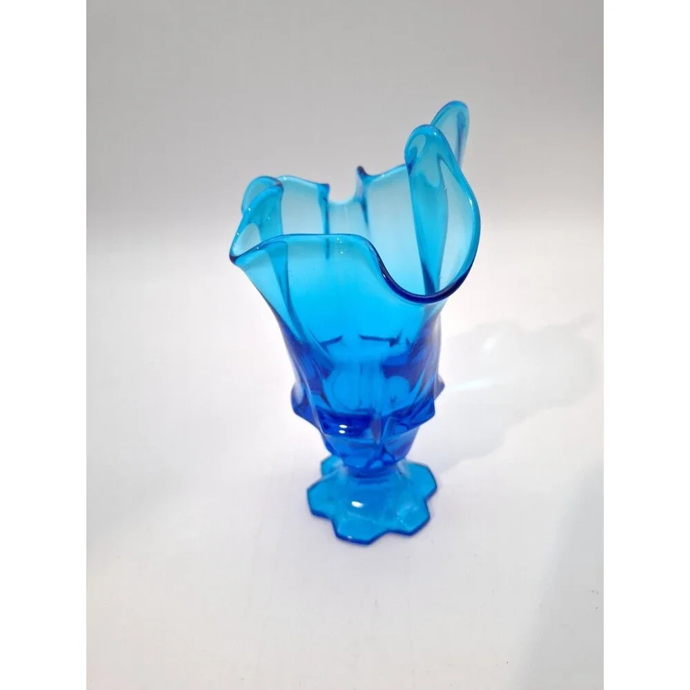 Fenton Colonial Blue Valencia Glass Swung Ruffle Edge Vase 6.75inches